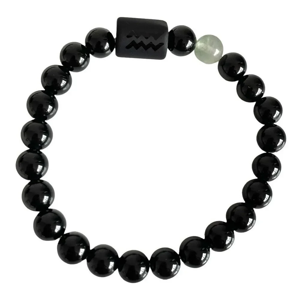 Aquarius Zodiac Beaded Bracelet Black Onyx Obsidian Fluorite Unisex, New